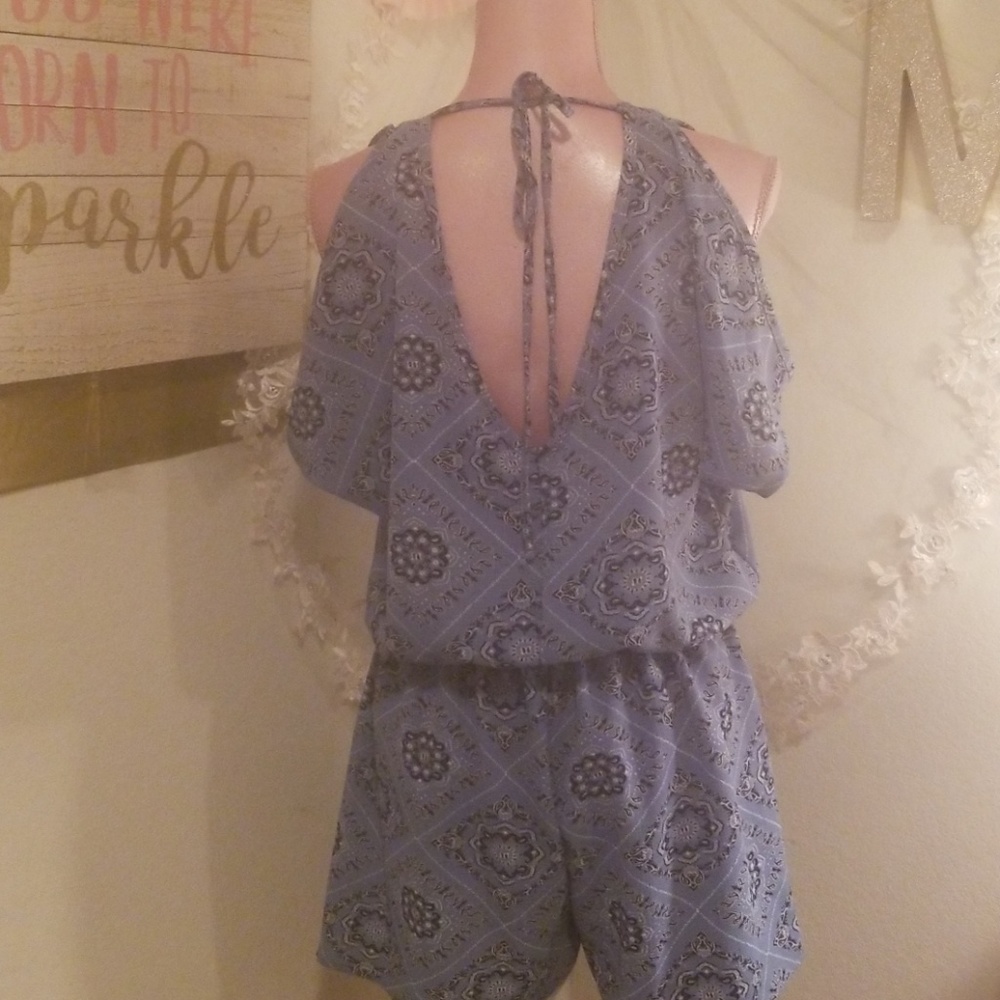 Blue Handkerchief Cold Shoulder Romper - Picture 5 of 7